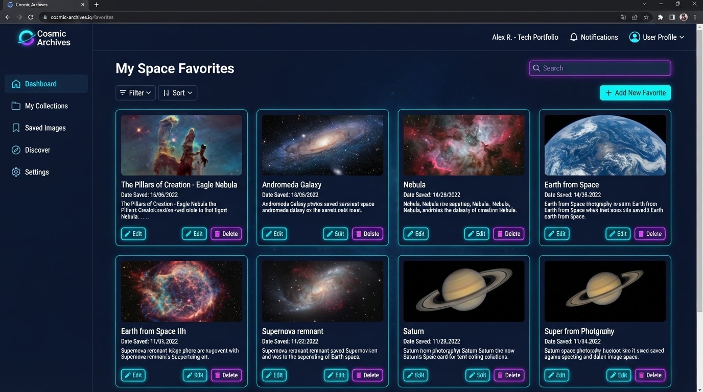 Tela de favoritos do NASA Explorer.