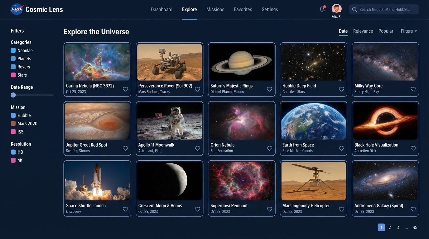 Biblioteca de imagens da NASA com busca no acervo.