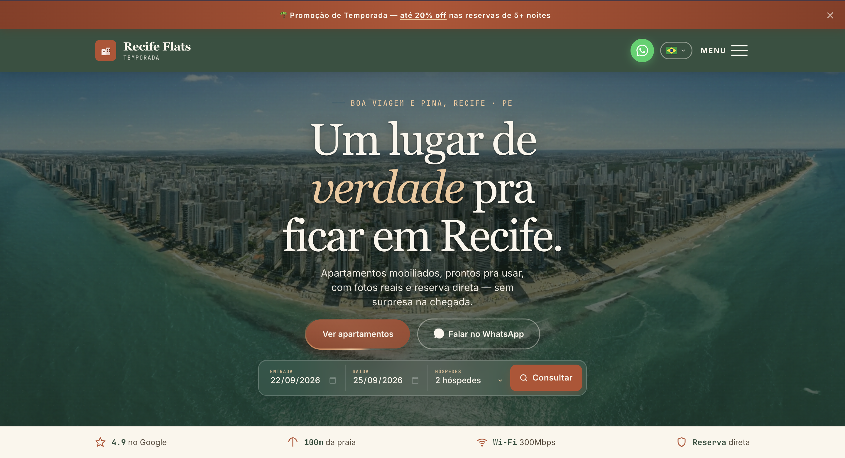 Hero do site Recife Flats, com o texto Um lugar de verdade pra ficar em Recife.