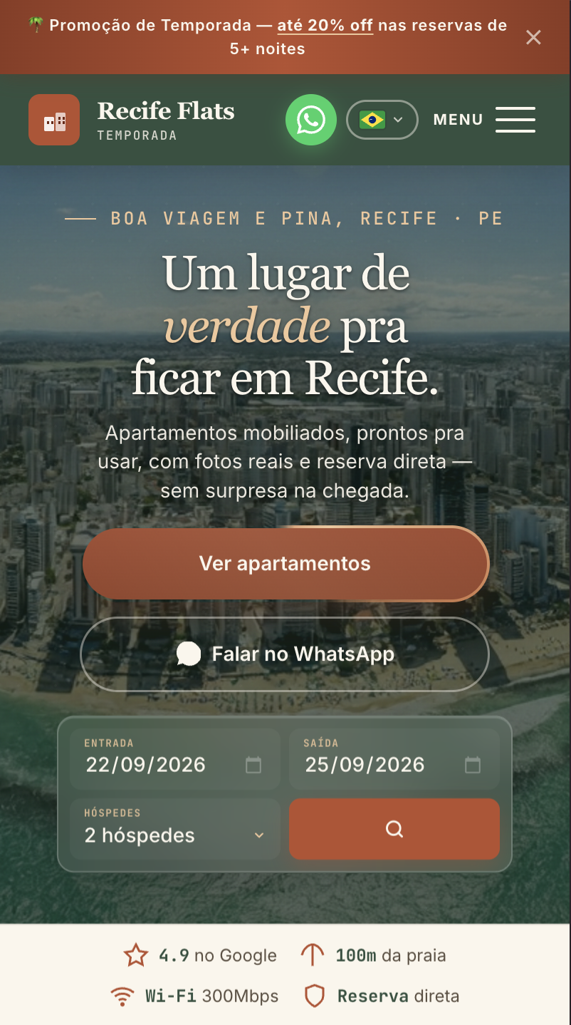 Segunda tela mobile do site Recife Flats.