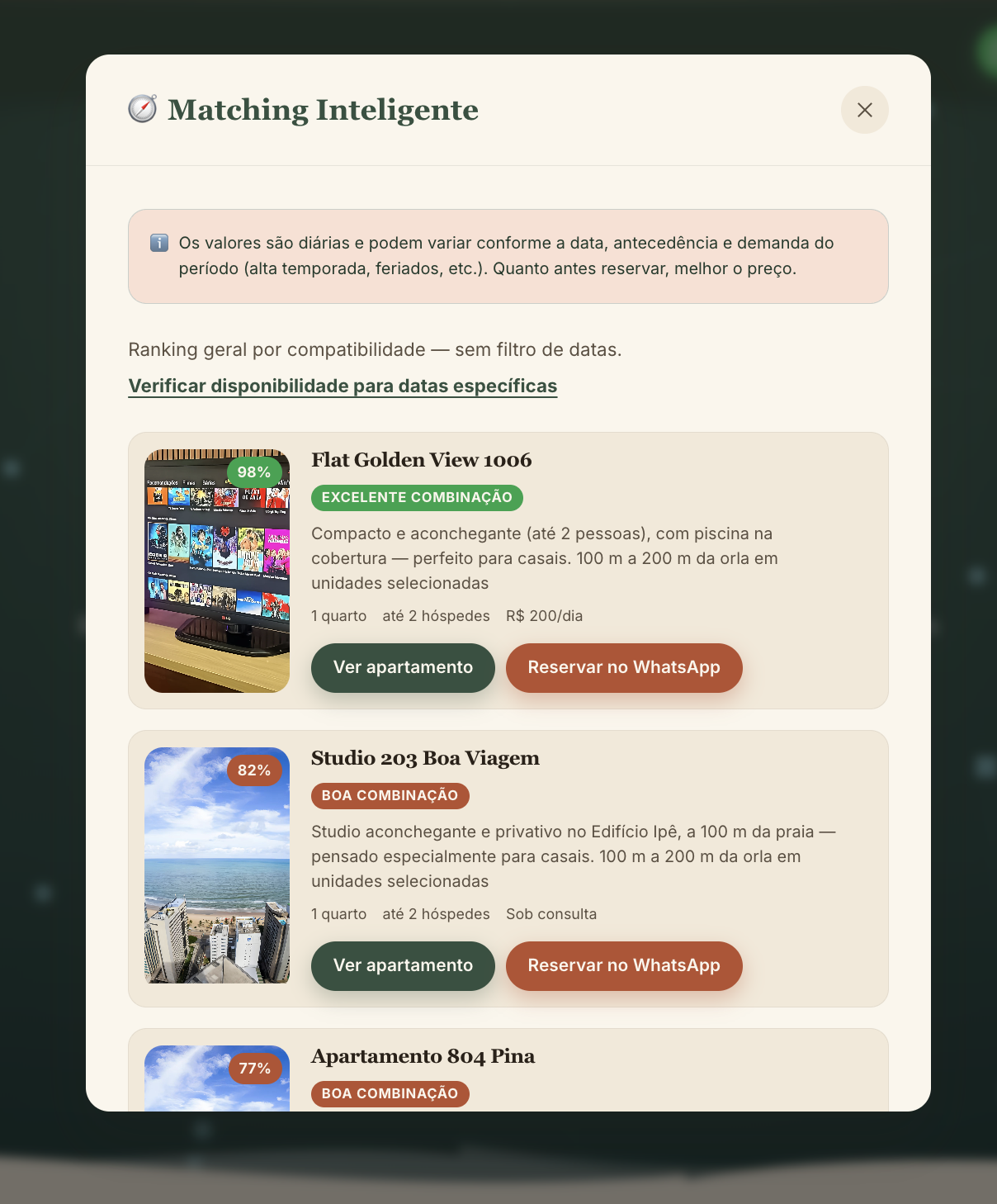 Resultado do matching com as melhores combinações de flats.